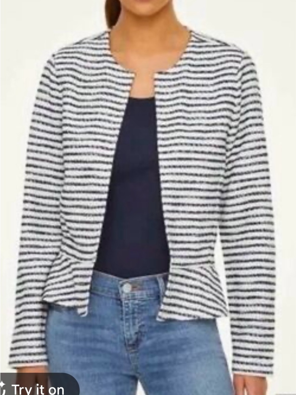 LOFT Navy Blue & White Striped Peplum Blazer